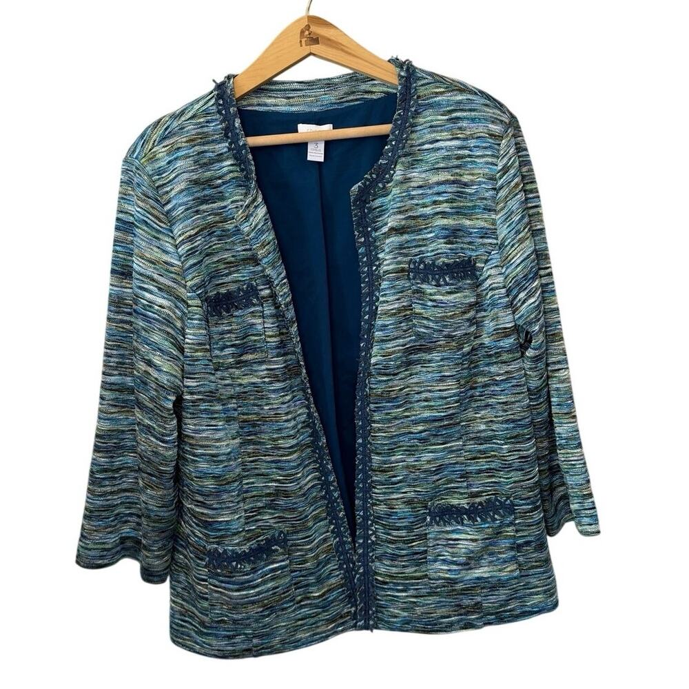 Chico’s Y2K Twee Style Blue & Green Open Front Preppy Blazer Size 3 (XL)